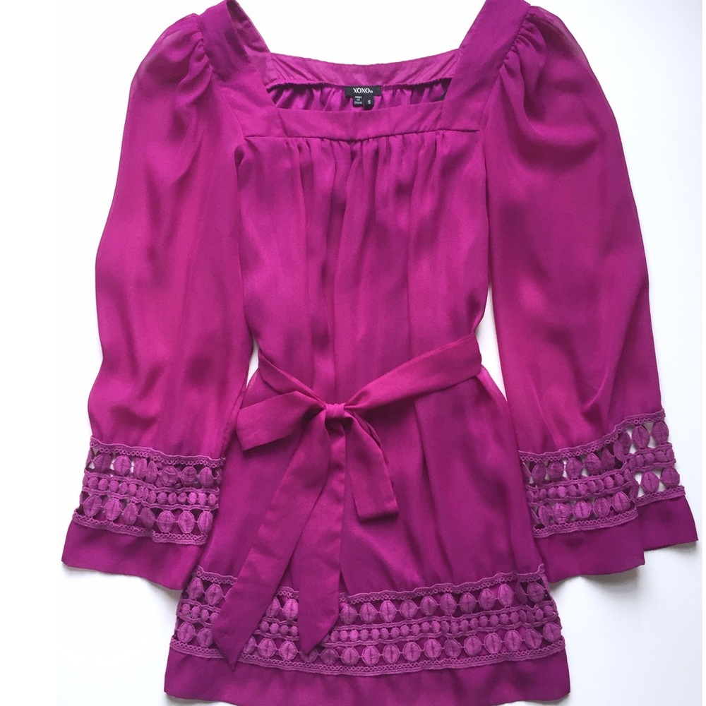 XOXO Purple Crochet Boho Bell Sleeve Dress, Small
